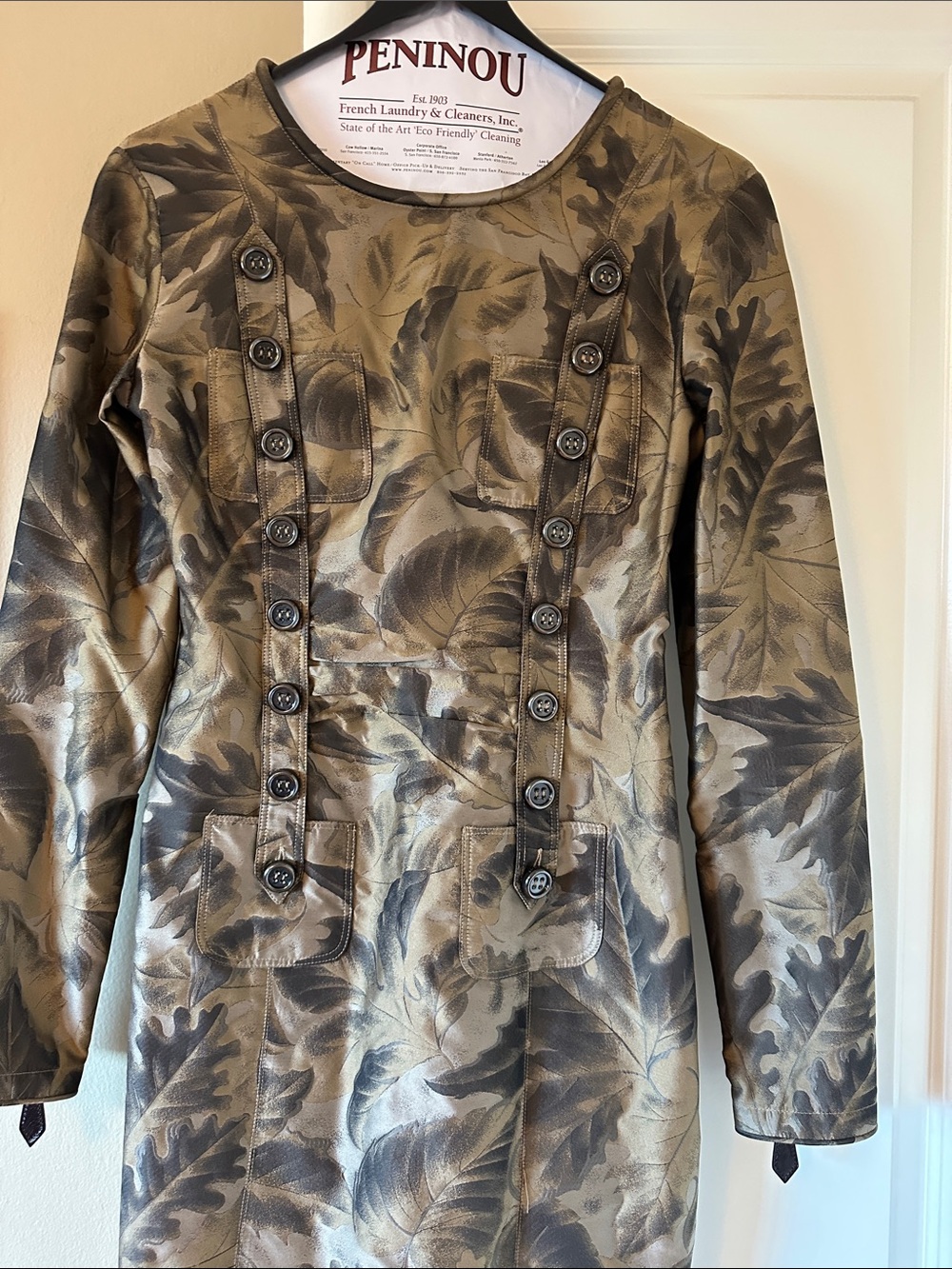 Vintage Burberry Silk Olive and Brown Leaf-Print Long-Sleeve Dress